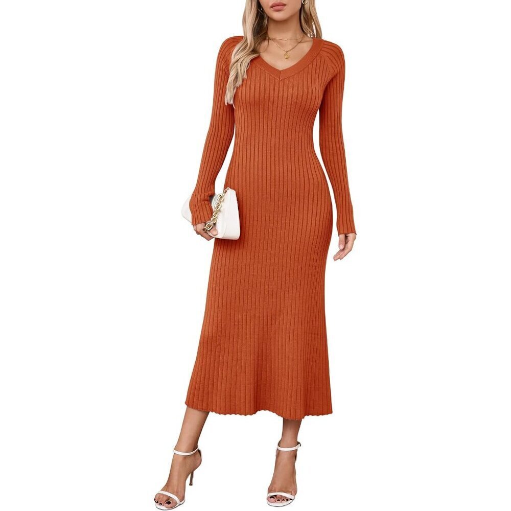 Womens V Neck Long Sleeve Fishtail Sweater Dress Ribbed Knit Slim Fit Midi